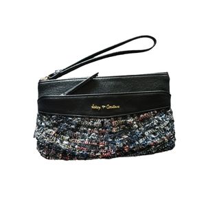 Juicy Couture Wristlet Clutch Bag Black Tweed Leather